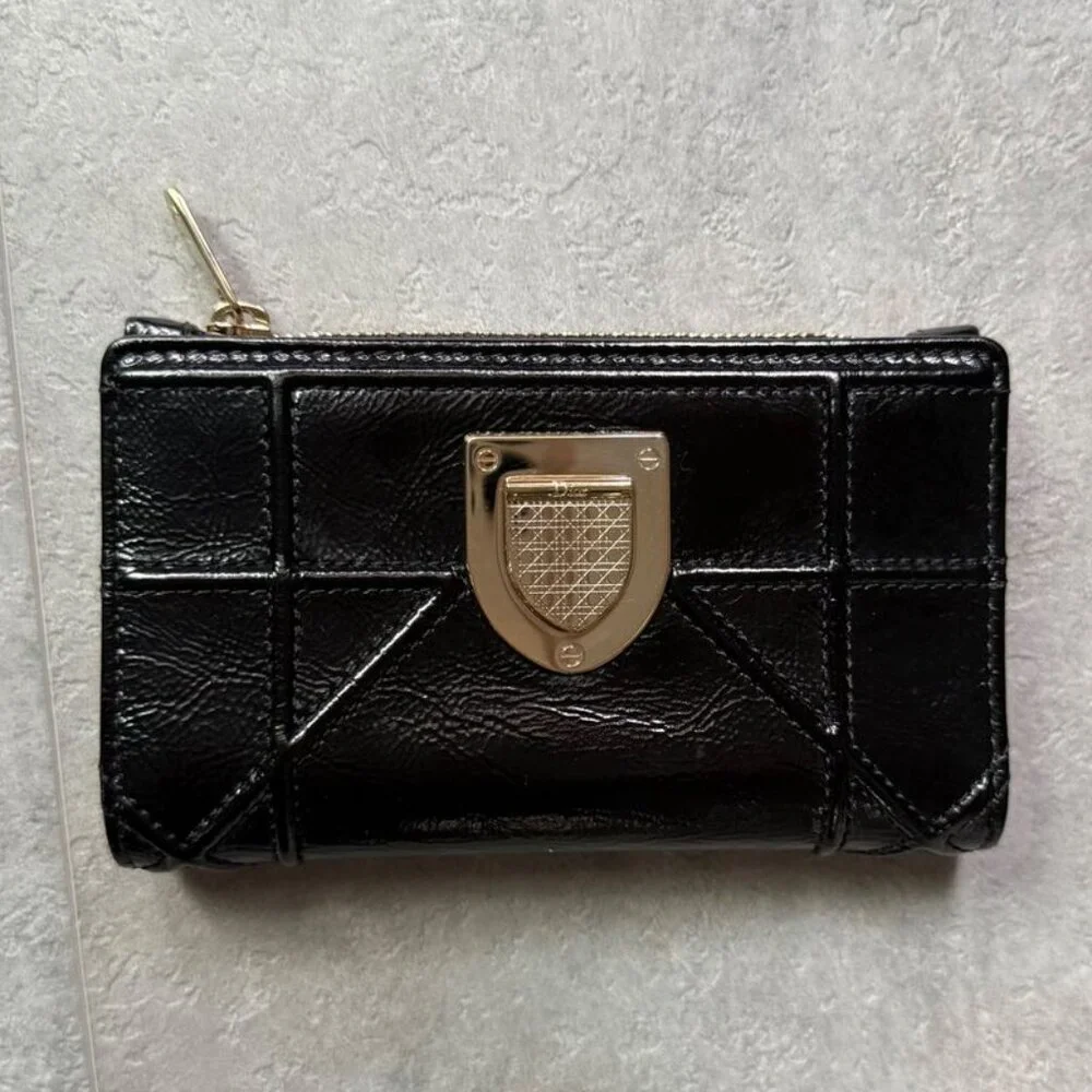 Christian Dior Ama Patent Leather Fold Wallet Card Case Coin Case Compact Wallet